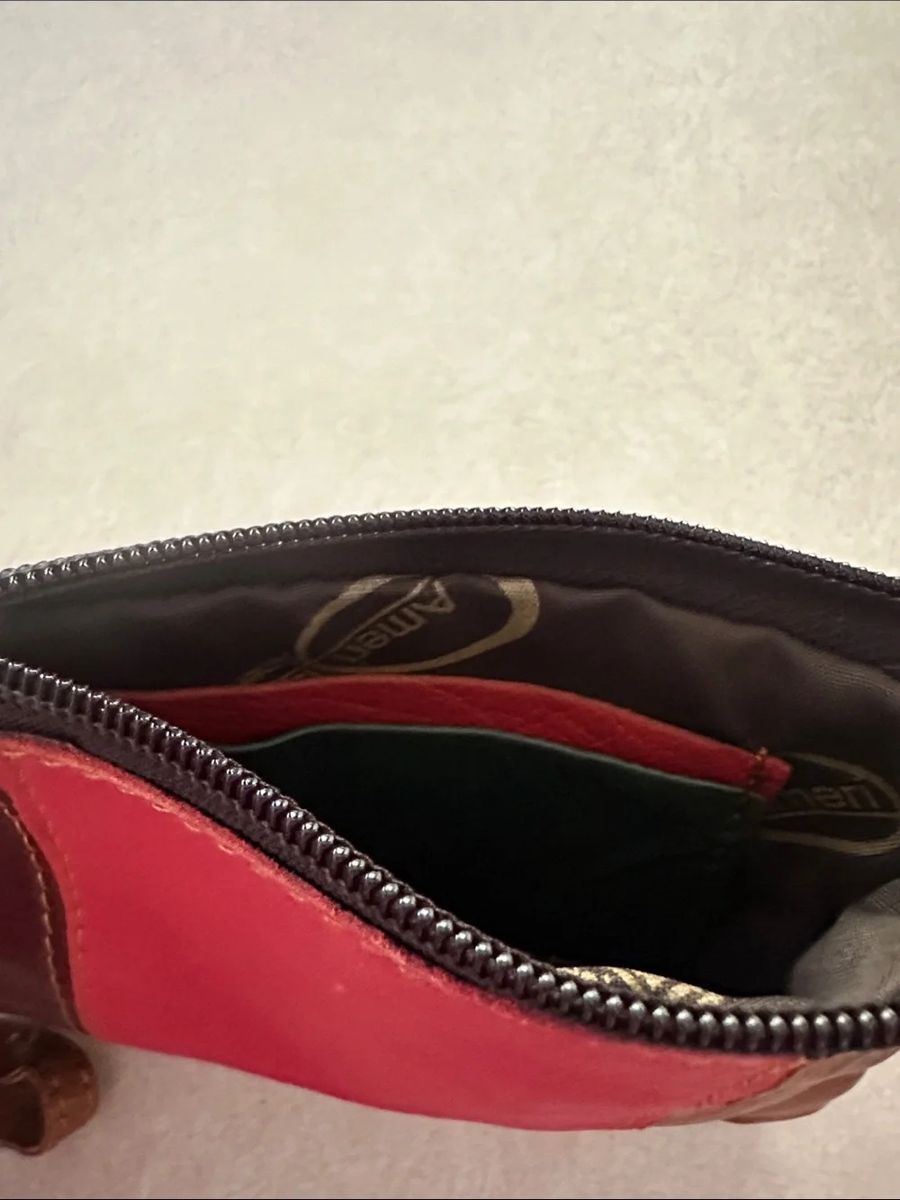 Colorblock Leather Wristlet Clutch in Red, Brown, and Tan